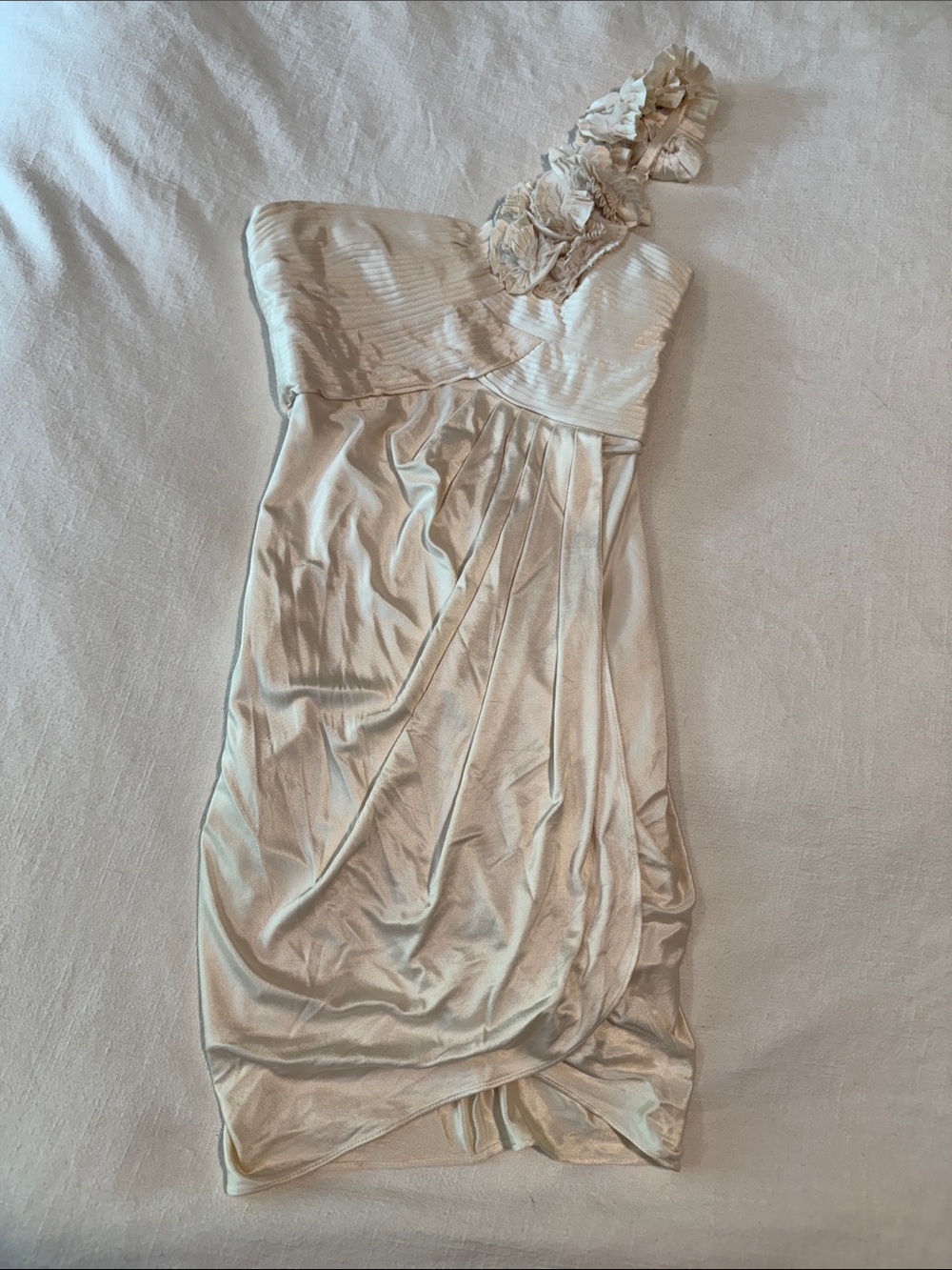 BCBG One-Shoulder Ivory Cocktail Dress with Floral Strap